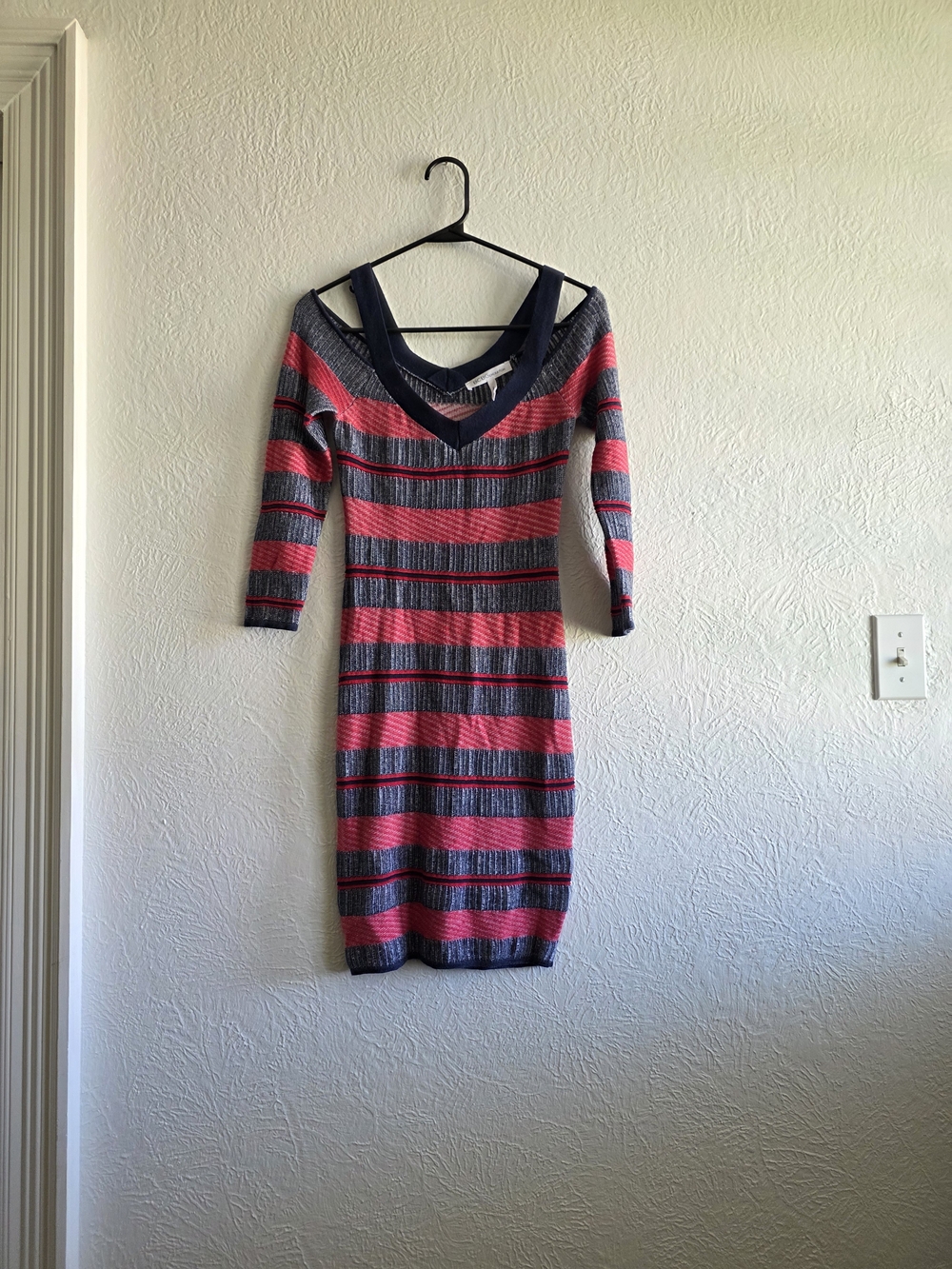 BCBGeneration Striped V-Neck Ribbed Knit Dress in Pink and Gray